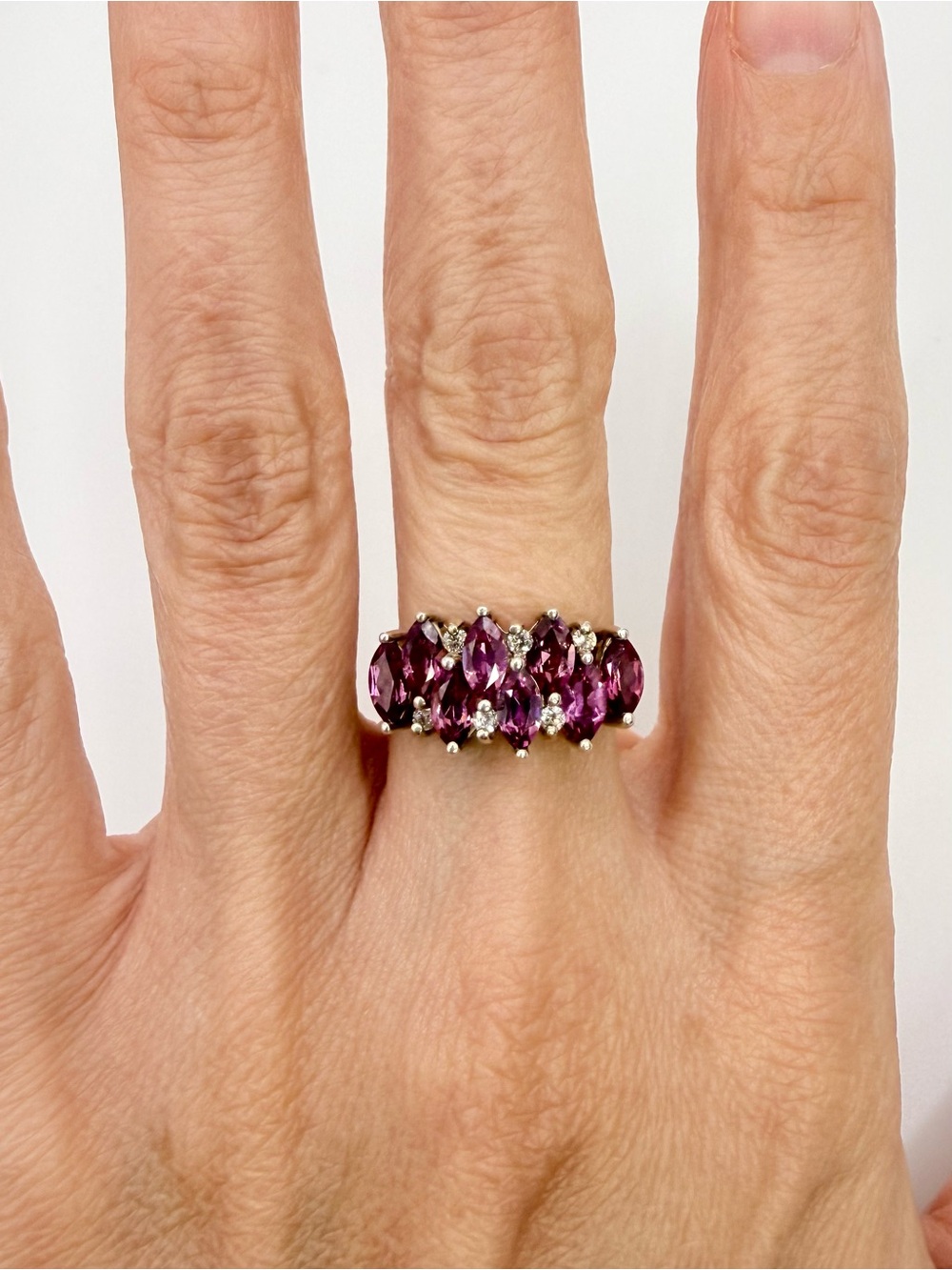 Vintage Sterling Silver Rhodolite Garnet Marquise Cluster Ring CZ Size 6